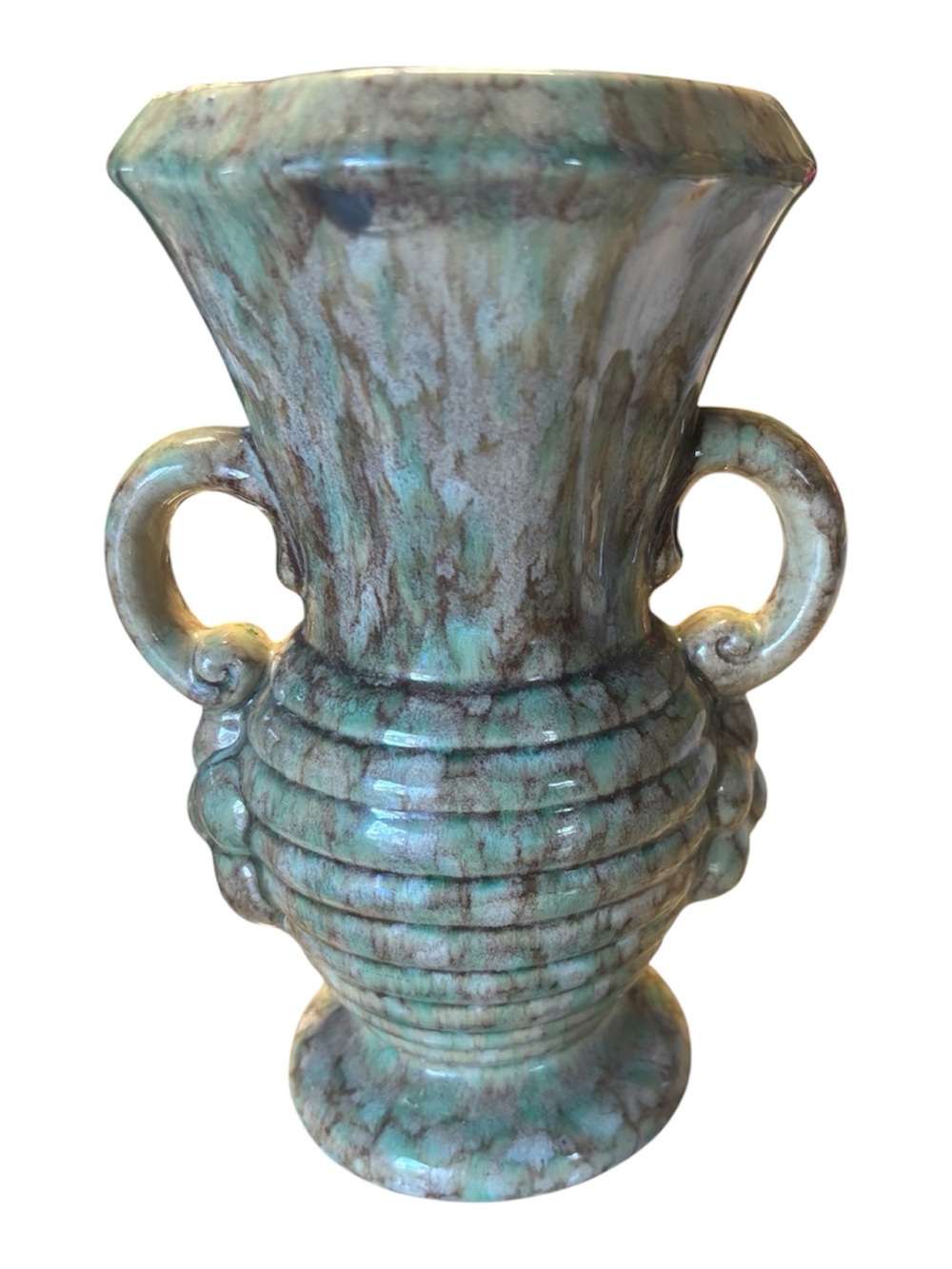 Turquoise Green Glazed Double-Handled Vase Vintage Ceramic